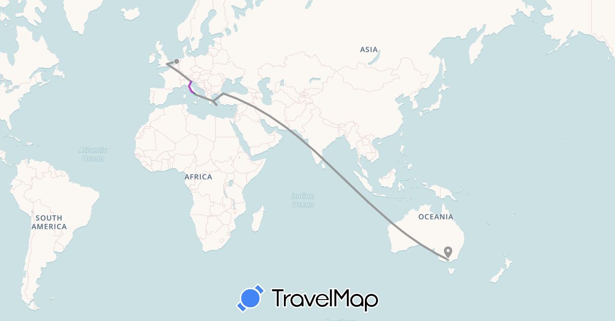 TravelMap itinerary: driving, bus, plane, train in Australia, United Kingdom, Greece, Italy, Netherlands, Turkey (Asia, Europe, Oceania)